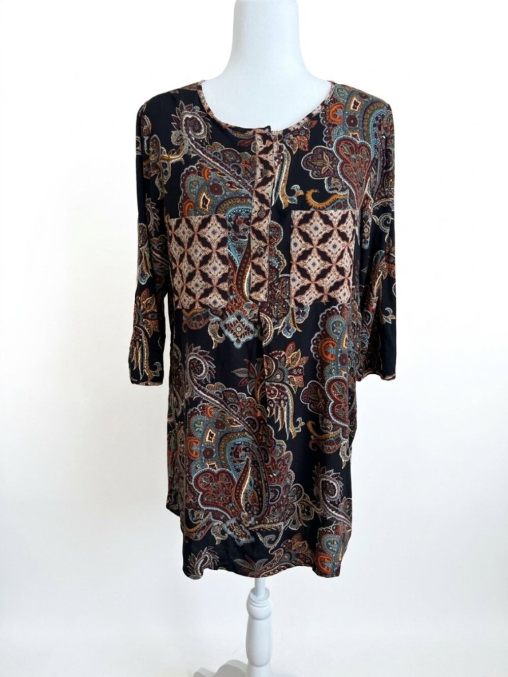 Paisley Boho High Low Tunic Dress M Black Multicolor 3/4 Sleeve Maximalist
